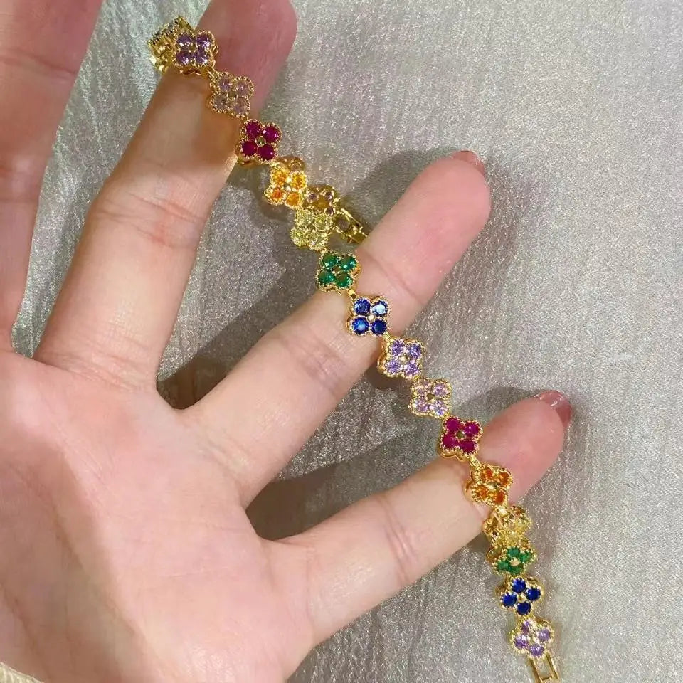 1Pc Rainbow Colorful Clover Zircon Bracelet Fashion Charm Gorgeous Charm Exquisite Cute Sweet Shining Crystal Jewelry Gift