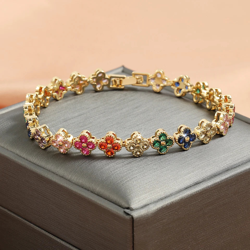 1Pc Rainbow Colorful Clover Zircon Bracelet Fashion Charm Gorgeous Charm Exquisite Cute Sweet Shining Crystal Jewelry Gift